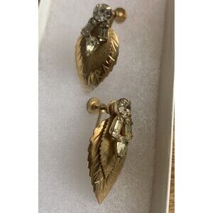 Vtg Earrings Screw Back Leaves & Rhinestones